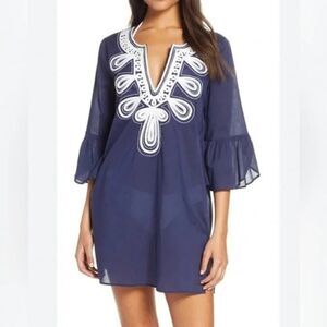 Lilly Pulitzer 100% Cotton Navy Boho Swim Coverup Embroidered Mini Tunic Dress M